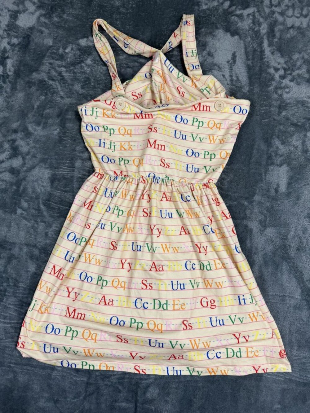 Alphabet Print Women Dress With Crossed Straps & Elastic Waist By LKB XL